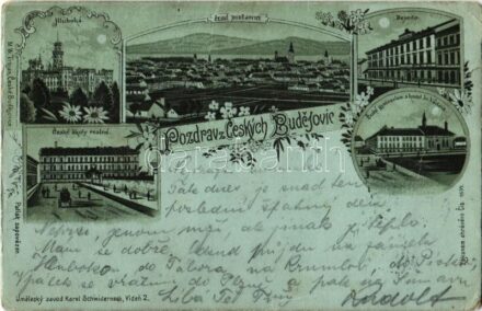 1900 Ceské Budejovice, Budweis; Hluboká, Beseda, Ceské skoly realné, Ceské gymnasium a kostel Sv. Vaclava / castle, schools, church. Karel Schwidernoch Art Nouveau, floral, litho (EK)