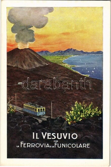 Vesuvio con la Ferrovia e la Funicolare / Mount Vesuvius with Railway and Funicular. Tourist advertisement