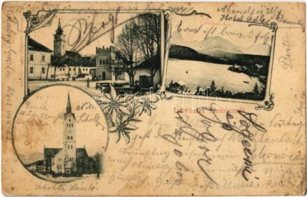 1901 Leibic, Leibicz, Leibitz, Lubica; Tűzoltószertár, Evangélikus templom, Csorba-tó télen. Kiadja Ludwig Götz / Requisitenhaus, Ev. Kirche, Csorbaer-See / firefighter depot, fire station, Lutheran church, Strbské pleso lake in winter. Art