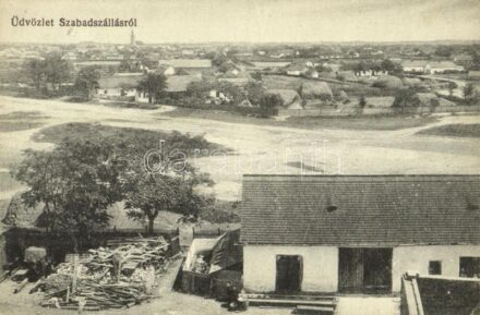 1918 Szabadszállás, udvar részlet építkezési anyagokkal. Scheibel Lajos kiadása, Lovrich Béla fényk. felvétele