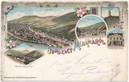 1899 (Vorläufer!) Mehádia, Mehadia; Várrom, pályaudvar, vasútállomás, Forrás utca, Brauch A. fia áruháza / railway station, shop, street, castle ruins. Karl Schwidernoch Art Nouveau, floral, litho (kis szakadás / small tear)