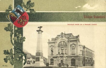 1910 Szabadka, Subotica; Nemzeti kaszinó és Kaponyai emlék. Szecessziós litho keret címerrel / casino, military monument of the Battle of Kapona. Art Nouveau, coat of arms, litho
