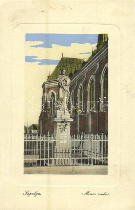 1913 Bácstopolya, Topolya, Backa Topola; Mária szobor a templommal. W.L. Bp. 4185. Riesz Béla kiadása / statue next to the church