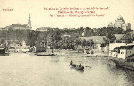 Vukovár, Vukovar; Duna part, zsinagóga. Földes-féle Margit-Creme reklám / Danube riverside, port, boats, synagogue. Cream asvertisement