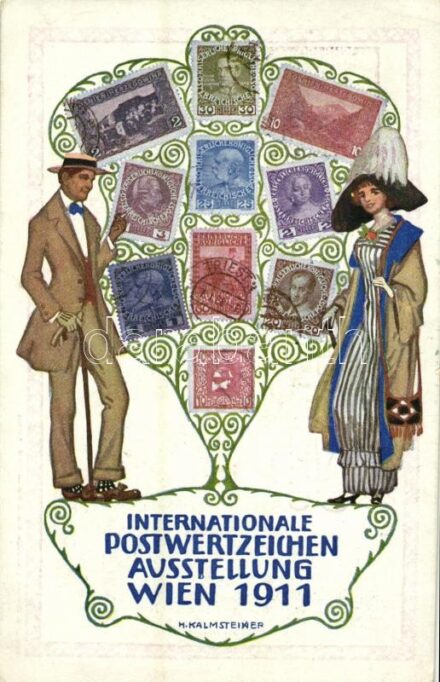 1911 Wien, Internationale Postwertzeichen Ausstellung / International postage stamp exhibition in Vienna. Philately Art Nouveau postcard s: H. Kalmsteiner
