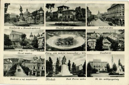 1949 Miskolc, Erzsébet tér a Kossuth-szoborral, Népkerti vendéglő, Széchenyi utca, Avasi templom, Erzsébet tér, Deák tér a református templommal, Deák Ferenc szobra, M. kir. erdőigazgatóság (EK)