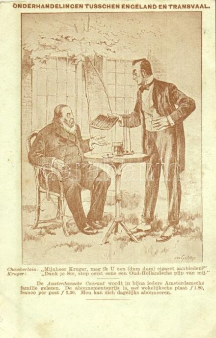 'Onderhandelingen tusschen Engeland en Transvaal' / 'Negotiations between England and Transvaal', Dutch anti-British propaganda, humour s: van Geldorp (EK)