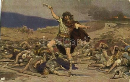 Die Heilige Schrift, Bilder aus dem Alten Testament, Simson erschlagt die Philister, Serie III. Bild 11. / The Holy Scriptures, Pictures from the Old Testament, Samson slays the Philistines (worn corners)