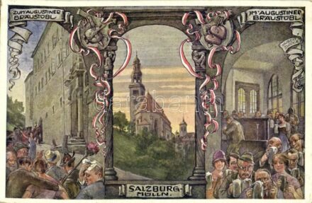 1938 Salzburg, Mülln, Zum Augustiner Braustübl, 'Hochland' Kunstdruckkarte Nr. 1020 / church, brewery and pub + 'Gruss vom Augustinerbrau Salzburg' cancellation