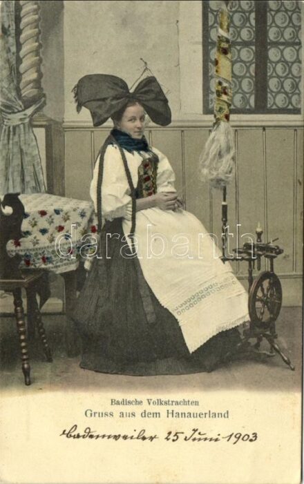 Badische Volkstrachten, Gruss aus dem Hanauerland / folk costume from Hanauerland, woman with spinning wheel, German folklore