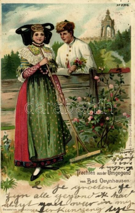Trachten aus der Umgegend von Bad Oeynhausen, Verlag v. Gust. Kaufmann, No. 2306. / traditional costumes from Bad Oeynhausen, German folklore, golden decoration, litho (Rb)