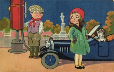 At the gas station, children, automobile, dog, art postcard