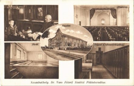 Szombathely, Dr. Vass József Szalézi Fiúinternátus, főépület, igazgatói fogadó, díszterem, fürdő, folyosó a ruhaszekrényekkel, belsők (Rb)