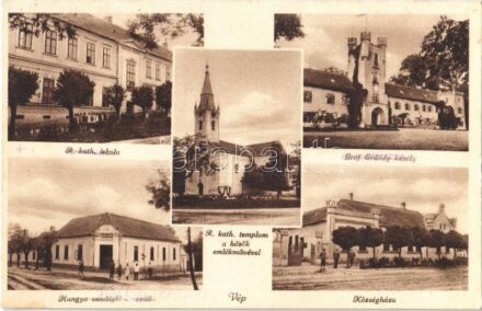 Vép, Római katolikus iskola, Római katolikus templom a hősök emlékművével, Gróf Erdődy kastély, Községháza, Hangya vendéglő és szálloda. Hangya Szövetkezet saját kiadása (fl)