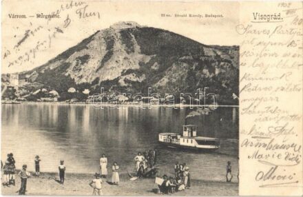 1902 Visegrád, vár, Duna-part a 'VIGADÓ' átkelő csavargőzössel. Divald Károly 22. sz. (EK)