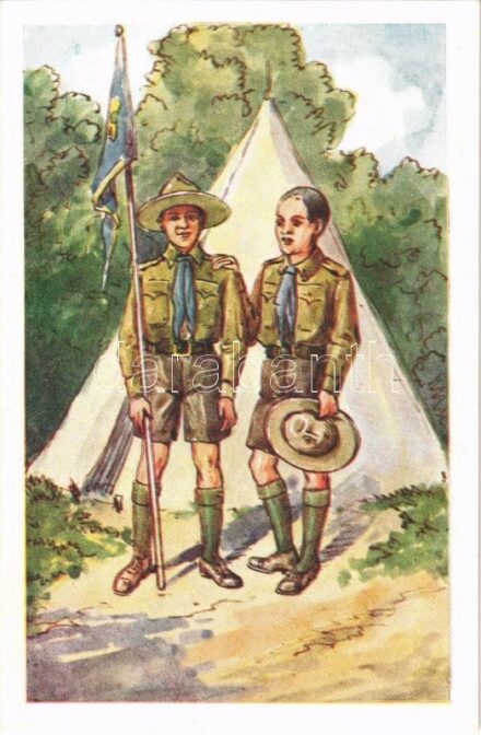 Az őrs zászlója / The flag of the sentry. Hungarian boy scout art postcard