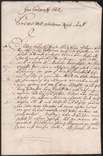 1697 Levél Paar Károly Józsefnek, az osztrák örökös tartományok főpostamesterének Franz Martin von Clar budai postamestertől. Clar a levélben Paar közbenjárását kéri a közte és a budai püspök közötti házvásárlási vita