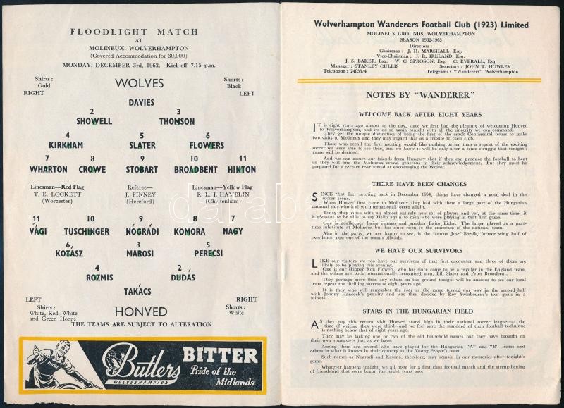 1962 Wolverhampton Wanderers vs Honvéd barátságos labdarúgó mérkőzés képes meccsfüzete / Football match booklet 6p. - Image 2