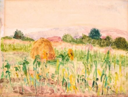 Kamarás Béla (?-?): Mező szénaboglyával. Akvarell, papír, jelzett, kis szakadással, 26×35 cm