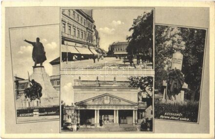 1930 Kecskemét, Kossuth szobor, Városi mozi, Katona József szobor, Nagykőrösi utca, üzletek