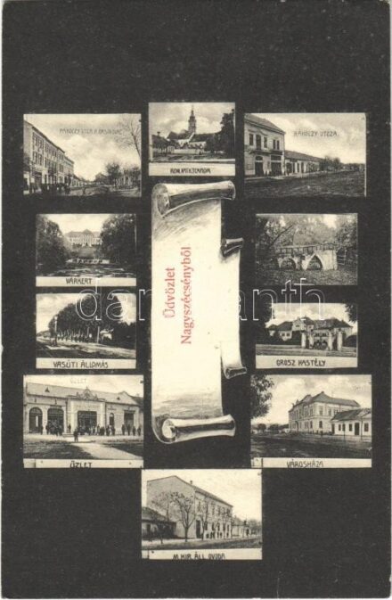1909 Szécsény, Nagyszécsény; Rákóczi utca, kaszinó, Római katolikus templom, Grosz kastély (Forgách kastély), várkert, Vasútállomás, üzlet, Városháza, M. kir. állami óvoda. Glattstein Adolf kiadása
