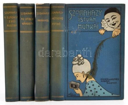 Szomaházy István munkái 4 kötet. (Aranyköd, Az utolsó gárdista, A kétszívű Pethő, A százhuszéves asszony.) Bp., 1908-1909.,Singer és Wolfner. Kiadói aranyozott, festett, illusztrált egészvászon-kötés, változó állapotban.