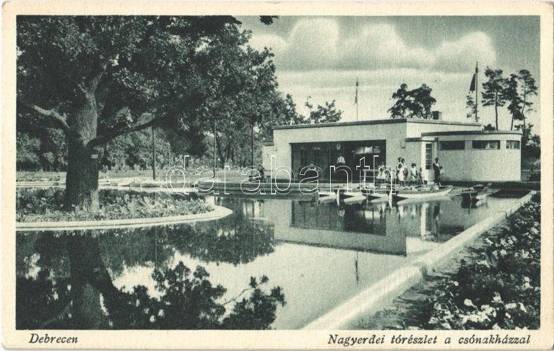 1934 Debrecen, Nagyerdei tó a csónakházzal, evezős csónakok