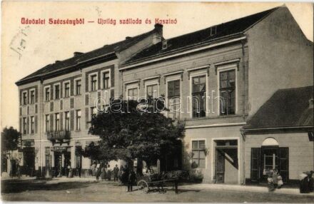 1912 Szécsény, Újvilág szálloda és kaszinó, Klein Samu, Veisz Géza üzlete, Szécsényi Népbank R.T. Gépáru Osztályának raktára. Glattstein Adolf kiadása (EK)