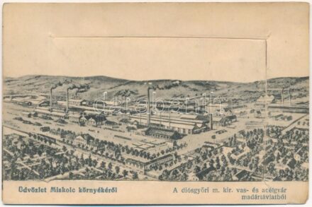 1931 Diósgyőr (Miskolc), M. kir. vas és acélgyár. leporellólap, belül: Evangélikus templom a várrommal, Vasgyári fürdő, Vasgyár, Takarékpénztár, Nagyvendéglő, Árucsarnok, Kilátás a kórháztól, Hivatalház a villanytelep egy