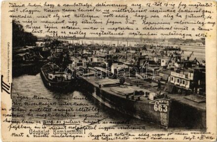 1905 Komárom, Komárnó; Téli kikötő, MFTR Győr és 663. uszályok. Czike Dénes kiadása / winter port, barges (EK)