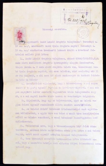 1936 Kecskemét Hattyú drogéria társasági szerződés, Szabó Gyula és László testvérek között kötött, foltos