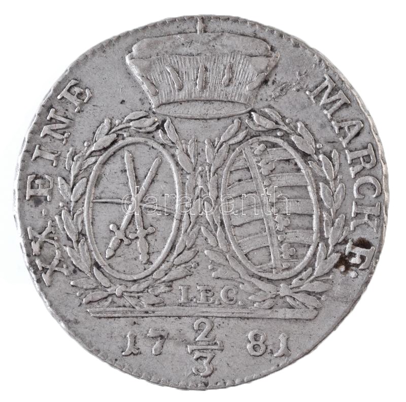 Német Államok / Szászország-Albertine 1781IEC 2/3T Ag 'III. Frigyes Ágost' Drezda (13,96g) T:2,2- karc / German States / Saxony-Albertine 1778IEC 2/3 Thaler Ag 'Friedrich August III' Dresden (13,96g) C:XF,VF scratched Krause KM# 991var - Image 2