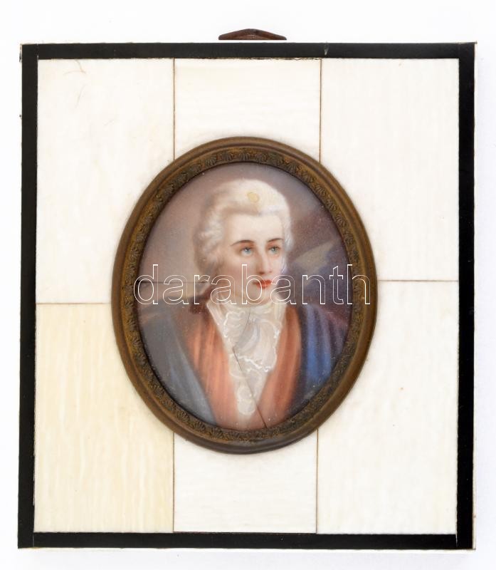 XIX. sz.: Jelzés nélkül: Miniatúra. akvarell, karton. 4x5 cm. csont és réz keretben 9x8 cm / Miniature portrait of a man from the XIX. century. Watercolour on cardboard, framed., 9x8 cm. - Image 2