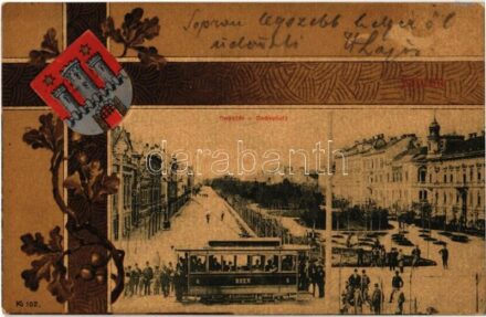 1901 Sopron, Deák tér, villamos. Blum. N. kiadása. Címeres szecessziós keret, Art Nouveau, litho
