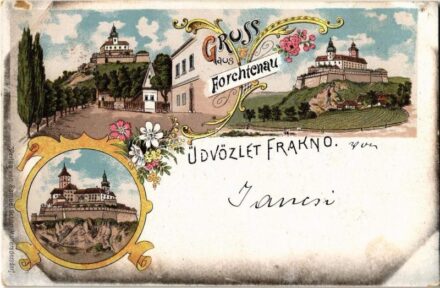 1898 Fraknó, Forchtenstein; Schloss Forchtenstein / Fraknó vára. Samuel Schön kiadása / castle. Art Nouveau, floral, litho + 'BÉCS-NAGY-KANIZSA 122. SZ.' mozgóposta