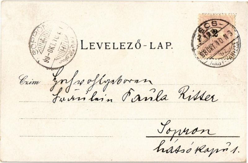 1898 Fraknó, Forchtenstein; Schloss Forchtenstein / Fraknó vára. Samuel Schön kiadása / castle. Art Nouveau, floral, litho + 'BÉCS-NAGY-KANIZSA 122. SZ.' mozgóposta - Image 2