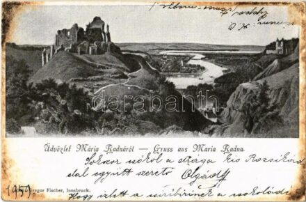 1903 Lippa, Lipova; Solymoser Ruine, Solymosi vár, Lippa és a Maros folyó, Máriaradnai kegytemplom. Kiadja Georg Fischer / Soimos castle, Lipova with Mures river, pilgrimage church in Radna (EK)