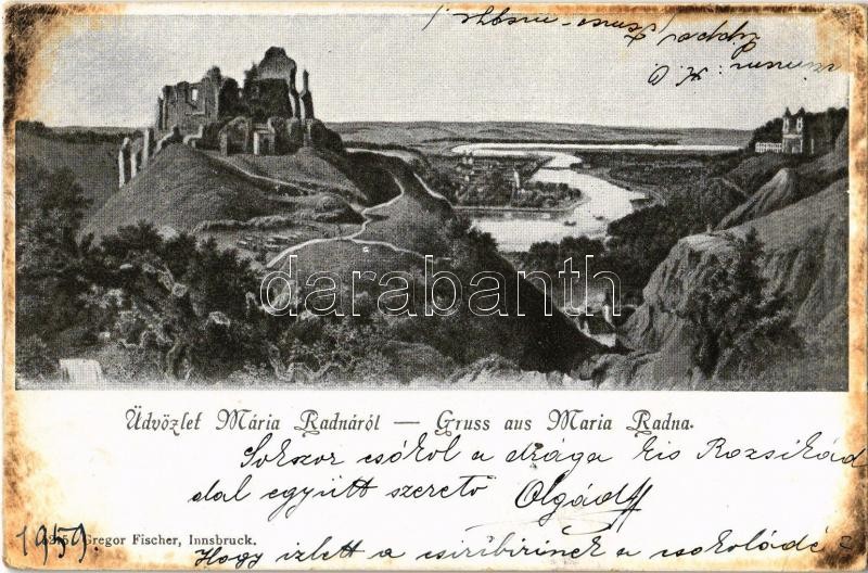 1903 Lippa, Lipova; Solymoser Ruine, Solymosi vár, Lippa és a Maros folyó, Máriaradnai kegytemplom. Kiadja Georg Fischer / Soimos castle, Lipova with Mures river, pilgrimage church in Radna (EK)