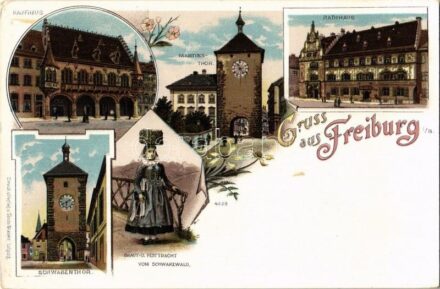 Freiburg im Breisgau, Martinsthor, Kaufhaus, Schwabenthor, Rathhaus, Braut- u. Festtracht vom Schwarzwald / gates, shopping house, town hall, folklore.Louis Glaser Art Nouveau, floral, litho