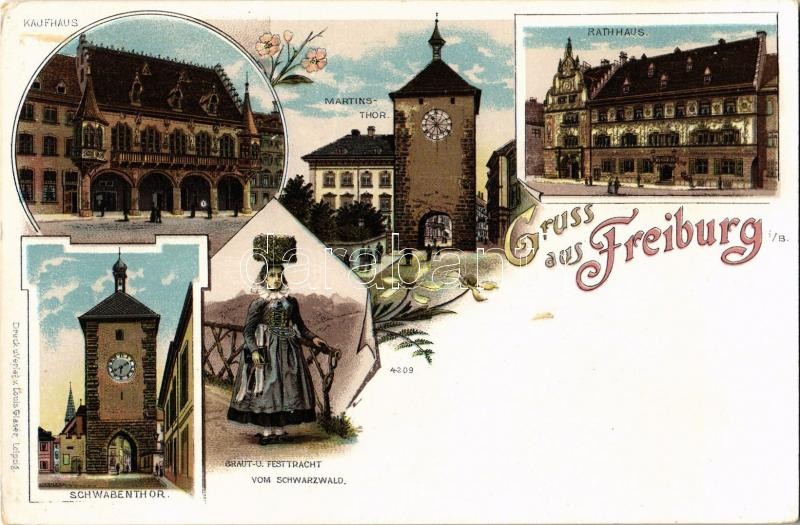 Freiburg im Breisgau, Martinsthor, Kaufhaus, Schwabenthor, Rathhaus, Braut- u. Festtracht vom Schwarzwald / gates, shopping house, town hall, folklore.Louis Glaser Art Nouveau, floral, litho