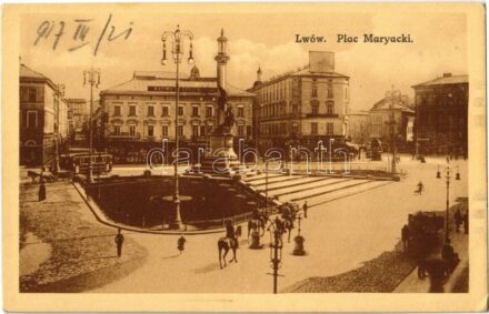 Lviv, Lwów, Lemberg; Plac Maryacki, kazimierz Lewicki / square, shops, tram