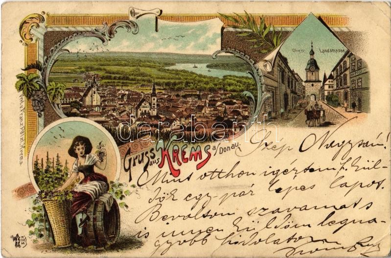 1899 Krems a. Donau, Obere Landstrasse / street, lady harvesting grapes. Franz Pölzl Art Nouveau, floral, litho (EK)