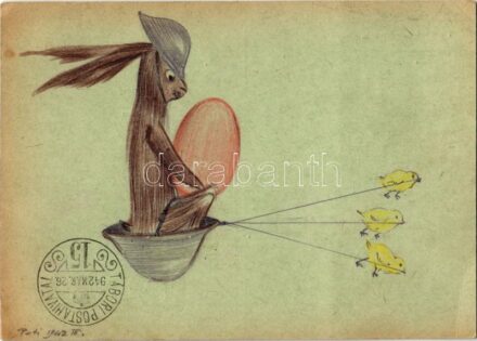 1942 Tábori Postai Levelezőlap saját kézzel rajzolt húsvéti üdvözlet / WWII Hungarian military Easter greeting - hand-drawn