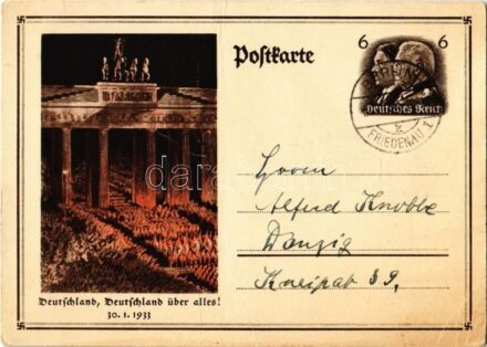 1933 Deutschland, Deutschland über alles! / Adolf Hitler sworn in as Chancellor of Germany by German President Paul von Hindenburg, NSDAP German Nazi Party propaganda, swastika; 6 Ga. (EK)