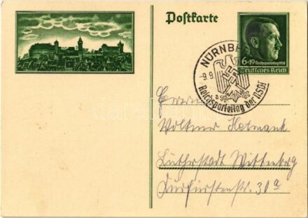 1938 Nürnberg / Nuremberg Rally. NSDAP German Nazi Party propaganda postcard, swastika. 6+19 Ga. Adolf Hitler + '1938 Reichsparteitag der NSDAP Nürnberg' So. Stpl.