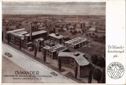 Budapest X. Kőbánya, Dr. Wander Gyógyszer és tápszergyár Rt., reklám; Keresztúri út 30-38. / Hungarian medicine factory advertisement (r)