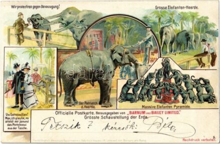Grosse Elefanten-Heerde, Der Patriarch d. Heerde, Massive Elefanten Pyramide. Officielle Postkarte, Herausgegeben von 'Barnum and Bailey Limited' Grösste Schausstellung der Erde / Official postcard of 'The Greatest Show of the World', Circus