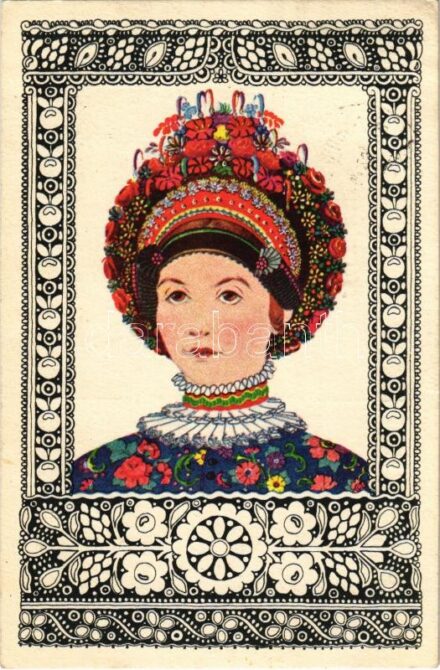 1933 Sárközi leány nagybársonnyal (pártával). Kiadja a Tolnamegyei cserkész-intéző bizottság / Hungarian folklore art postcard s: vitéz Erdős János