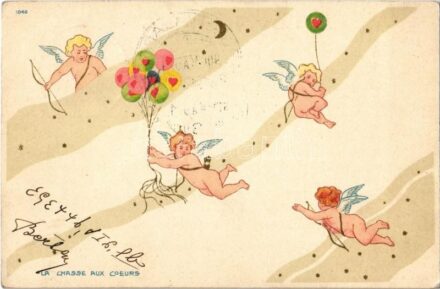 1900 La Chasse Aux Coeurs / Art Nouveau puttos. litho, unsigned Raphael Kirchner