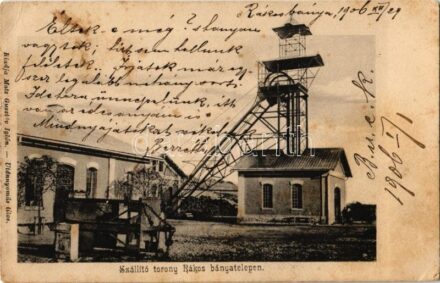 1906 Rákosbánya, Rákosská Bana (Gömörrákos, Rákos); szállító torony a bánya telepen. Matz Gusztáv kiadása / mine, transport tower (EK)